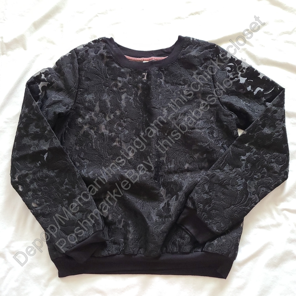 EUC Xhilaration Black See-Through Mesh Embroidered Long Sleeve Pullover Top, M